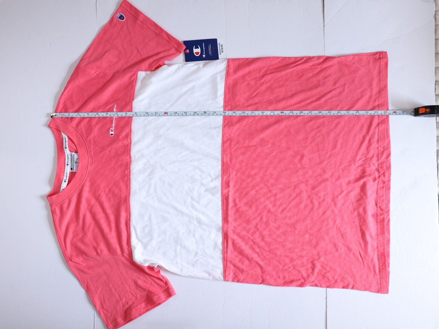 Champion Mens Pink and White Color Block Tee Shirt Size XL