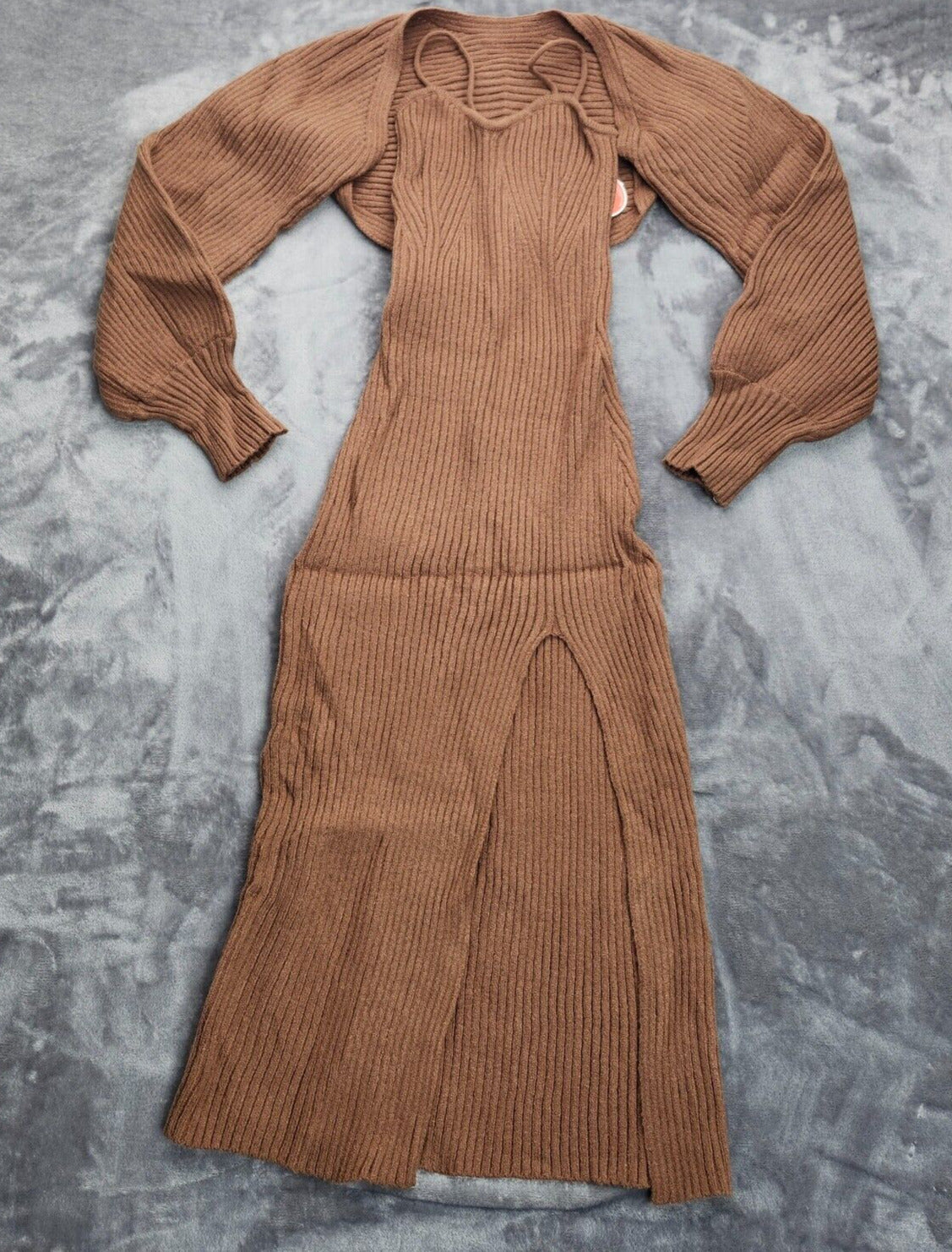 CIDER Womens Knit Solid Cami Split Midi Dress & Shrug Brown M