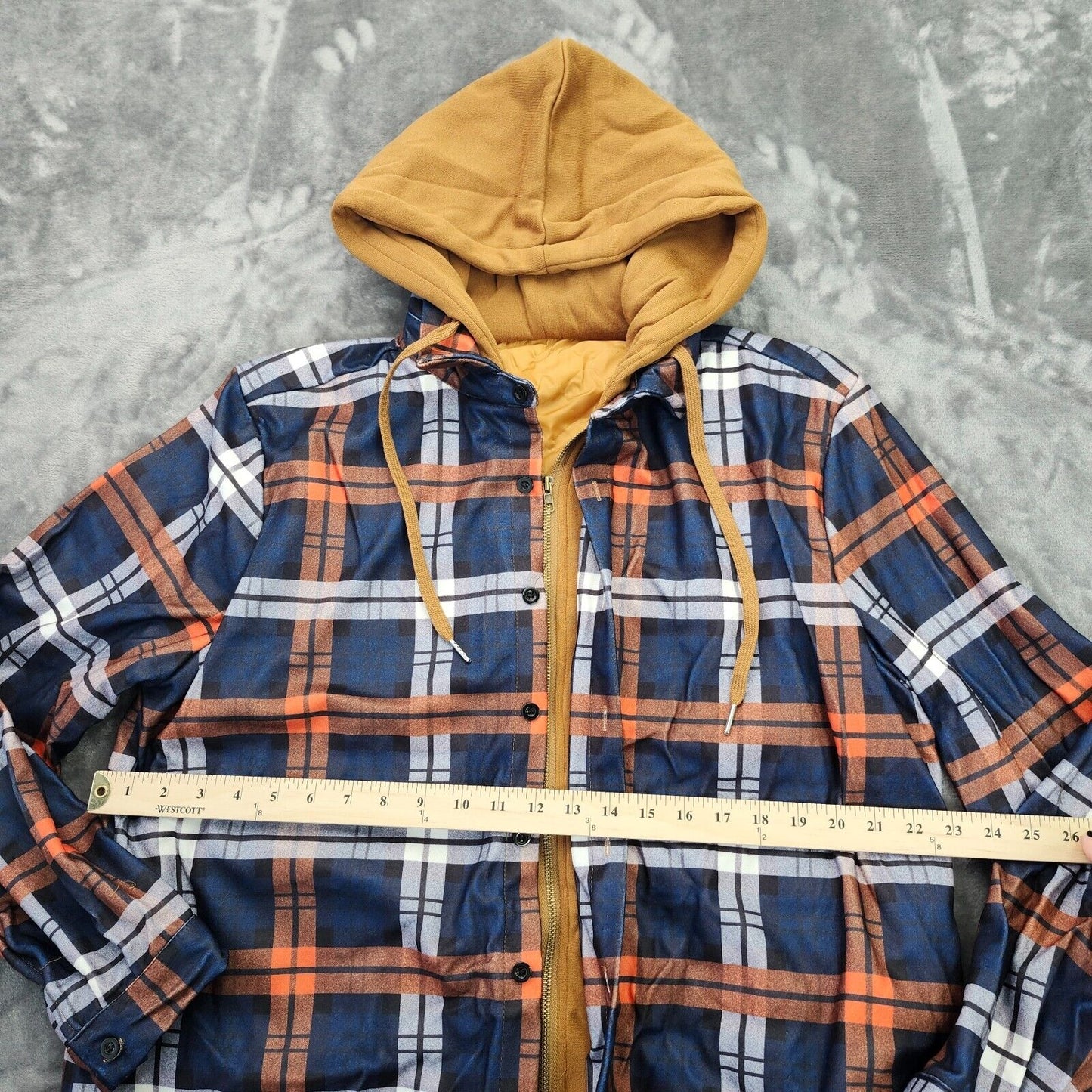 Plaid Hooded Shacket Casual Flannel Shirt Long Sleeve Zip up Button Down Coat L
