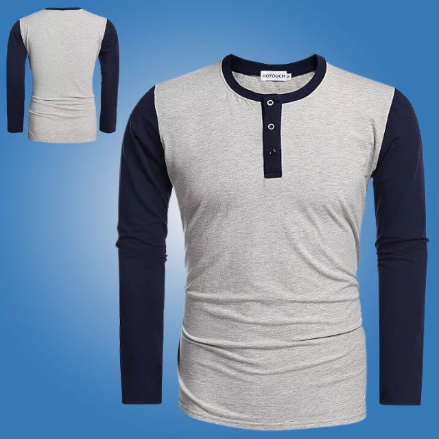Hotouch Mens Long Sleeve Henley Slim Fit Contrast Color T-Shirt Gray Navy XXL