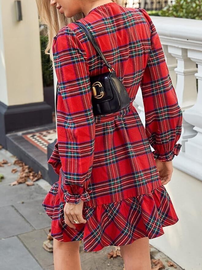 Red Plaid Fall Dress V Neck Ruffle Cuff Long Blouson Sleeve Wrap L