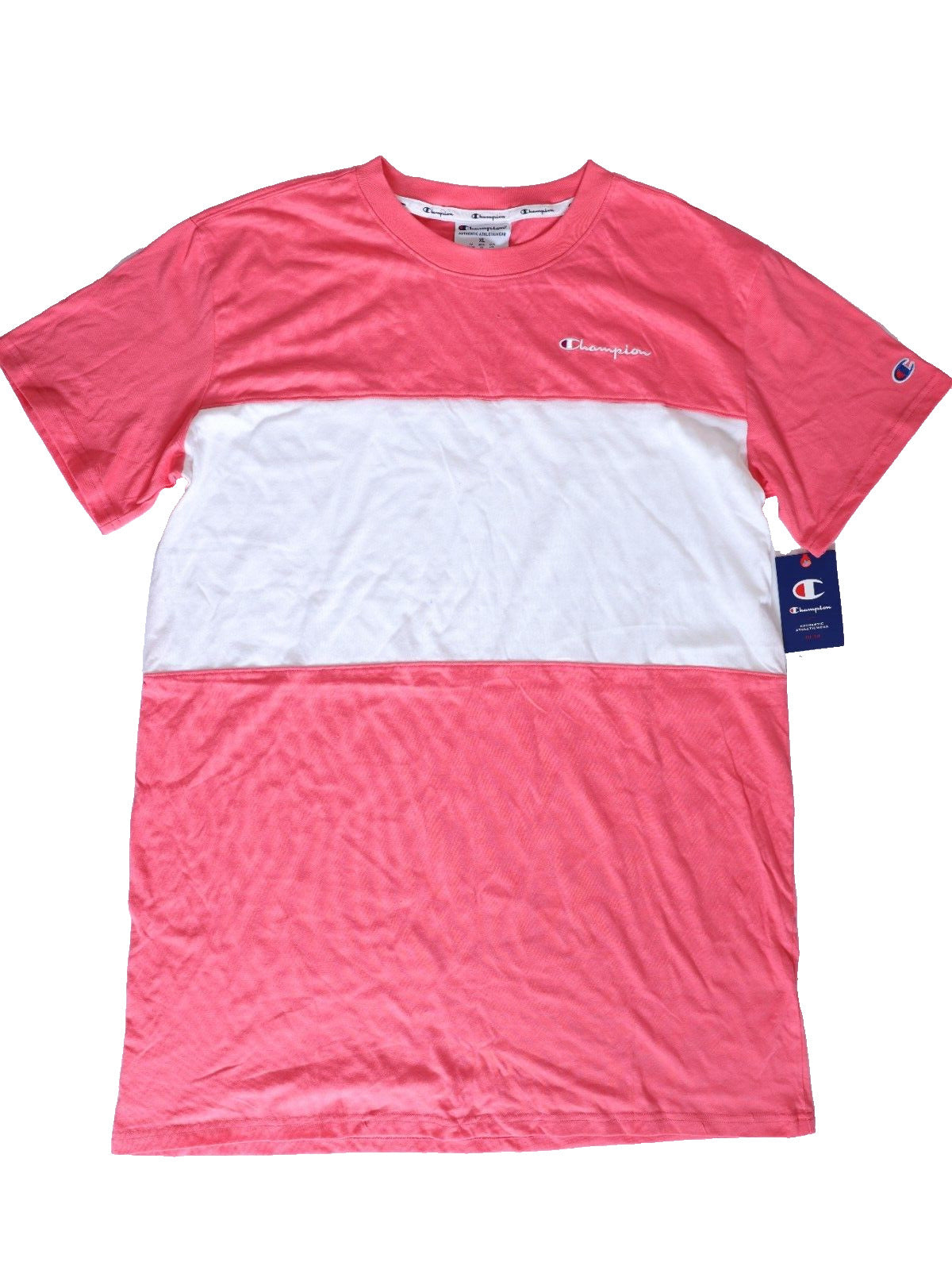 Champion Mens Pink and White Color Block Tee Shirt Size XL