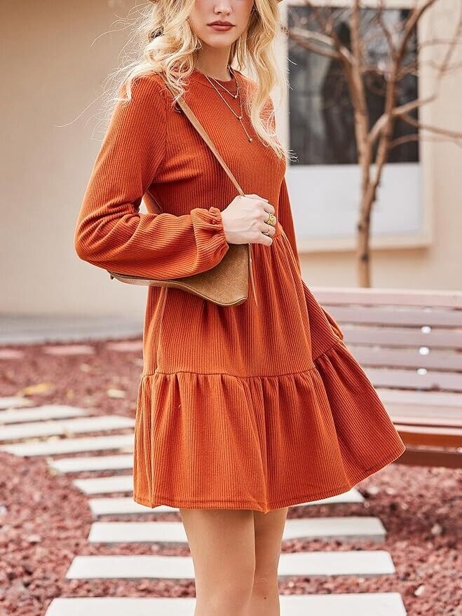 CUPSHE Women's Knitted Dresses Casual Long Sleeve Crew Neck Flowy Tiered XXL