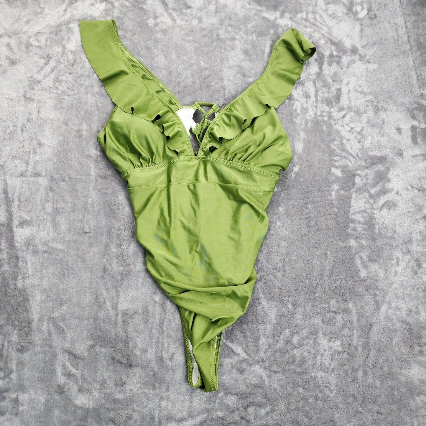 Women's Ruffle One Piece Swimsuit V Neck Olive Print Bathing Suit M