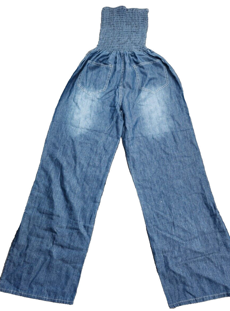 Women's Shirred Tube Wide Leg Denim Jumpsuit Size Small