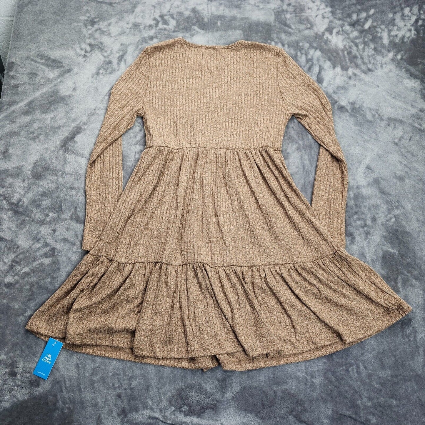 CUPSHE Womens Round Neck Long Sleeve Knit Ruffled Fitted A Line Mini Dress
