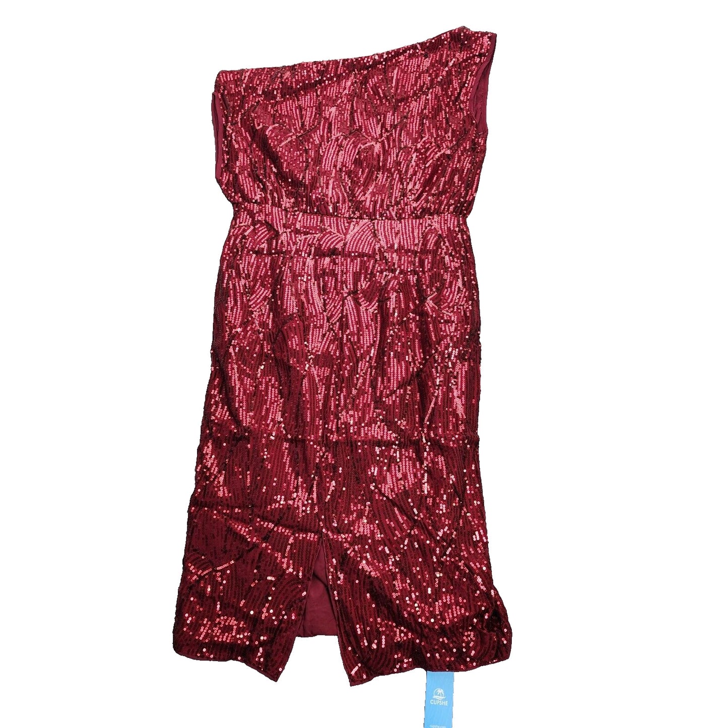 CUPSHE Burgundy Sequined Asymmetrical Off-Shoulder Midi Dress Medium