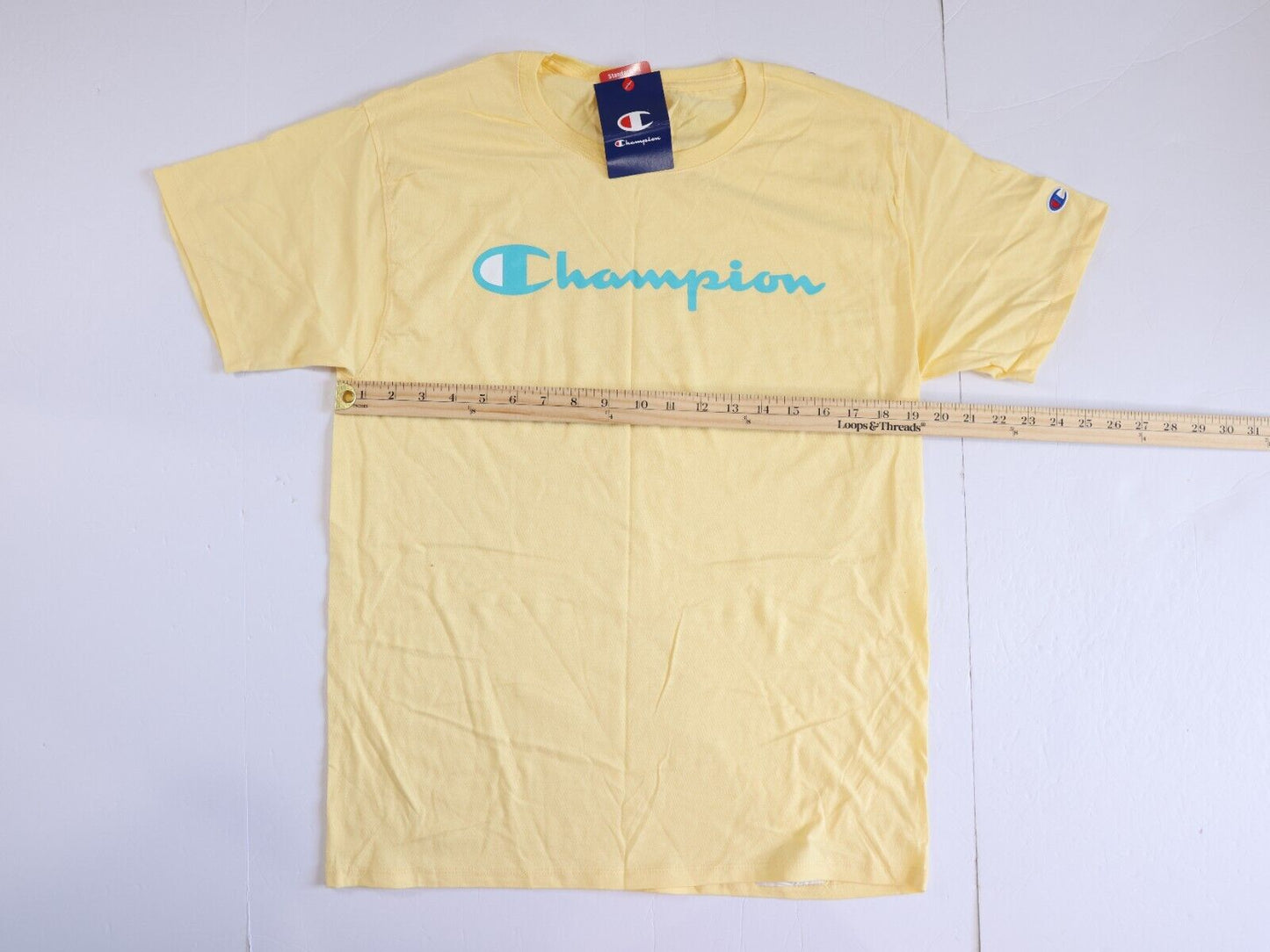 Champion Yellow T-Shirt Men's Jersey Tee Classic Fit Script Logo Size Medium
