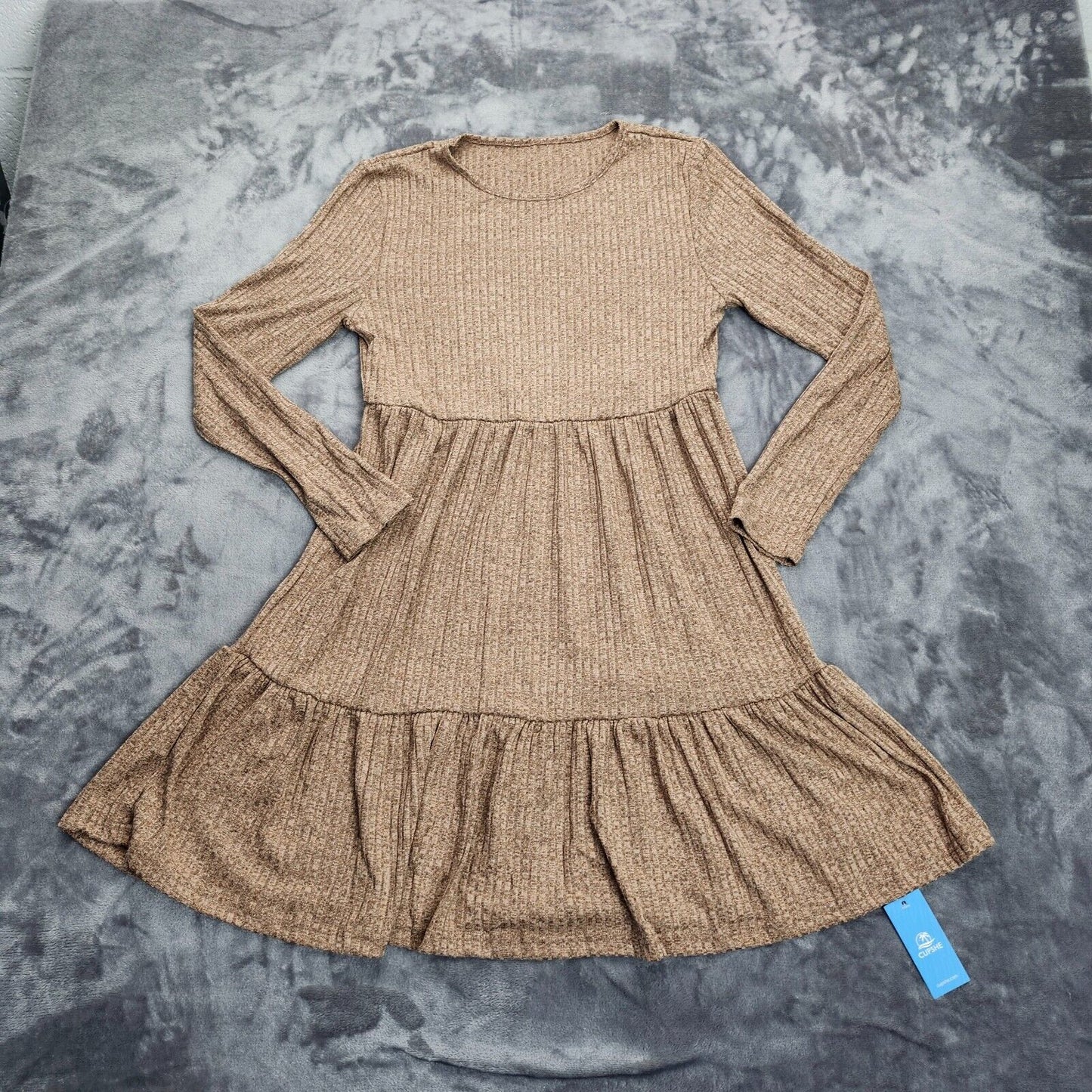 CUPSHE Womens Round Neck Long Sleeve Knit Ruffled Fitted A Line Mini Dress