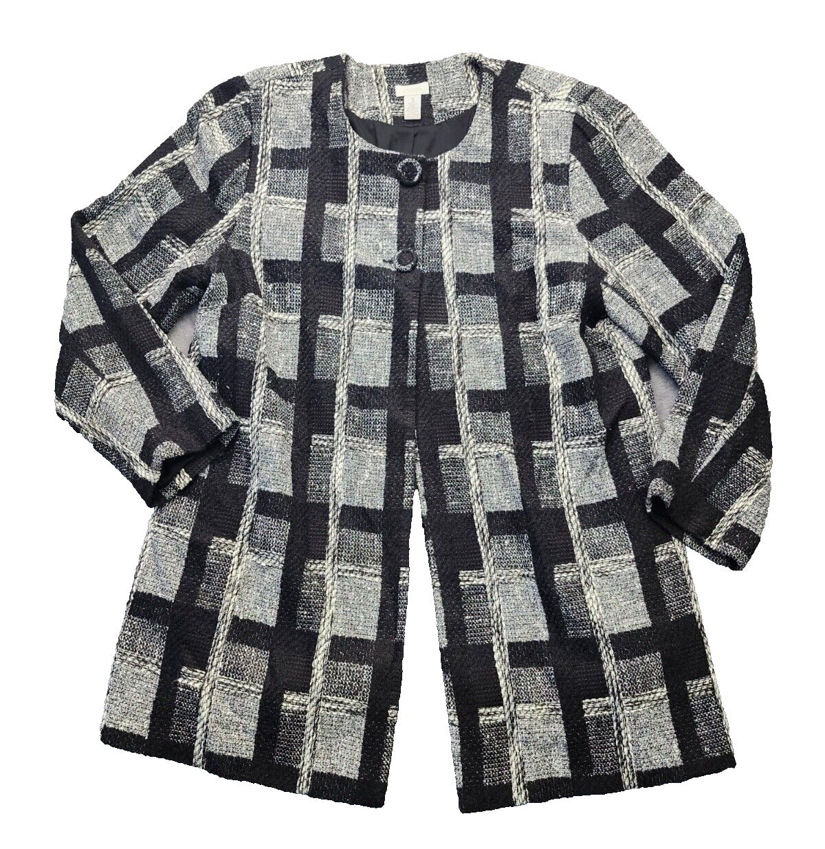 Chico's Size (Size 3) Plaid 2 Button Open Duster Coat Black & White