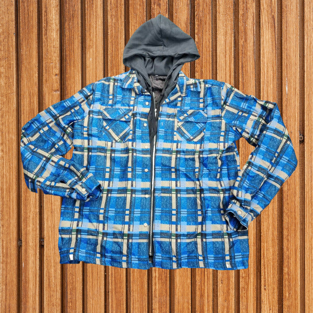 Men's Zip up Quilted Lined Button Down Plaid Jacket with Hood Blue 2XL