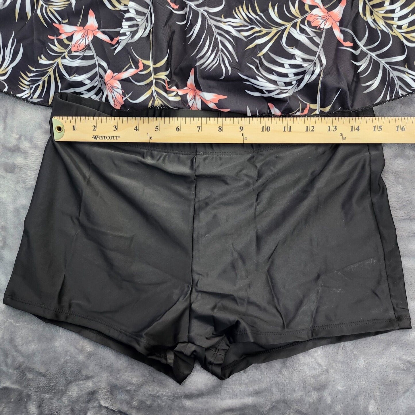 2Pcs Women Swimwear Flower Print Scoop Neck Padded Tank Tops + Swim Shorts 2XL