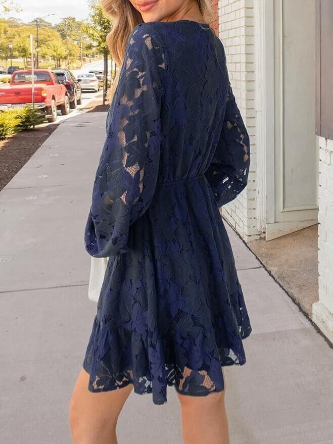 Elegant V Neck Lace Peasant Sleeves Summer Dress High Waist A Line XL