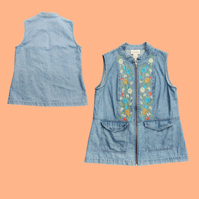 Country Store Embroidered Floral Denim Vest Women’s Size S Spring Summer