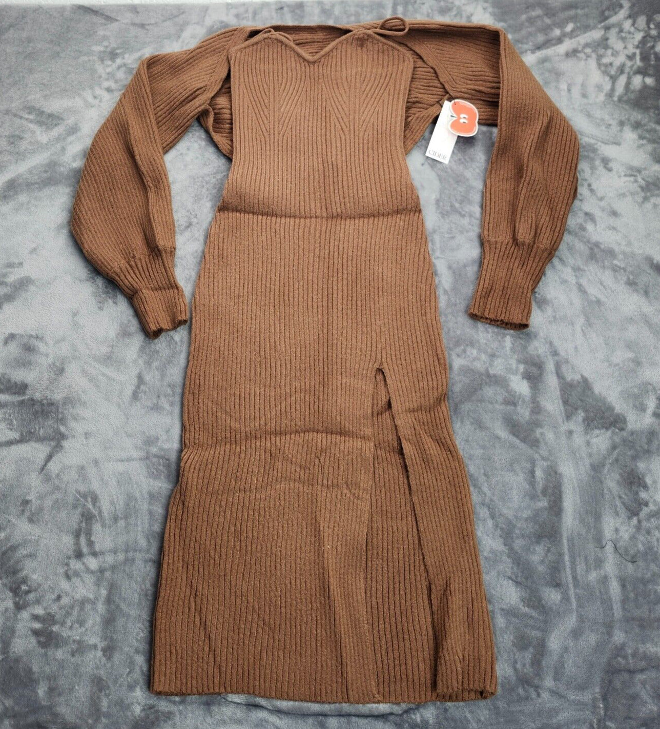 CIDER Womens Knit Solid Cami Split Midi Dress & Shrug Brown XL