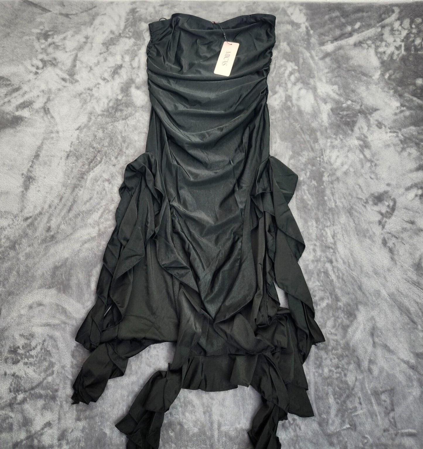 MICAS Womens Ruffle Hem Slit Strapless Midi Dress Black sz Medium