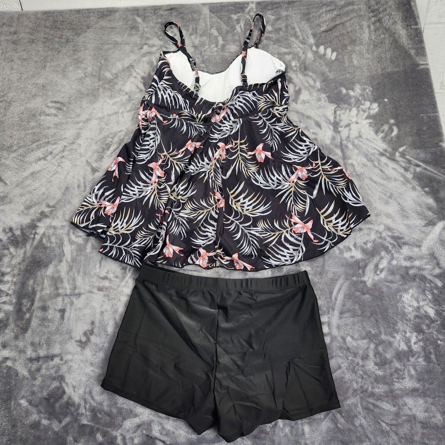 2Pcs Women Swimwear Flower Print Scoop Neck Padded Tank Tops + Swim Shorts 2XL
