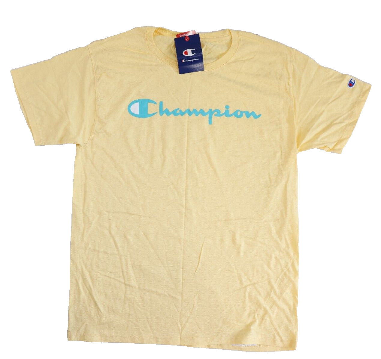 Champion Yellow T-Shirt Men's Jersey Tee Classic Fit Script Logo Size Medium