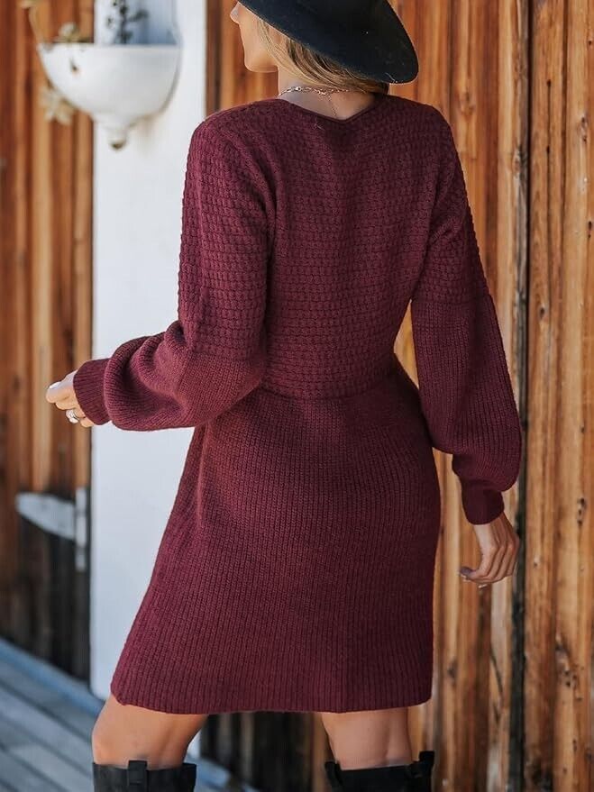 Sweater Dress V Neck Honeycomb Long Sleeve Textured Fall Knit Pullover SMALL