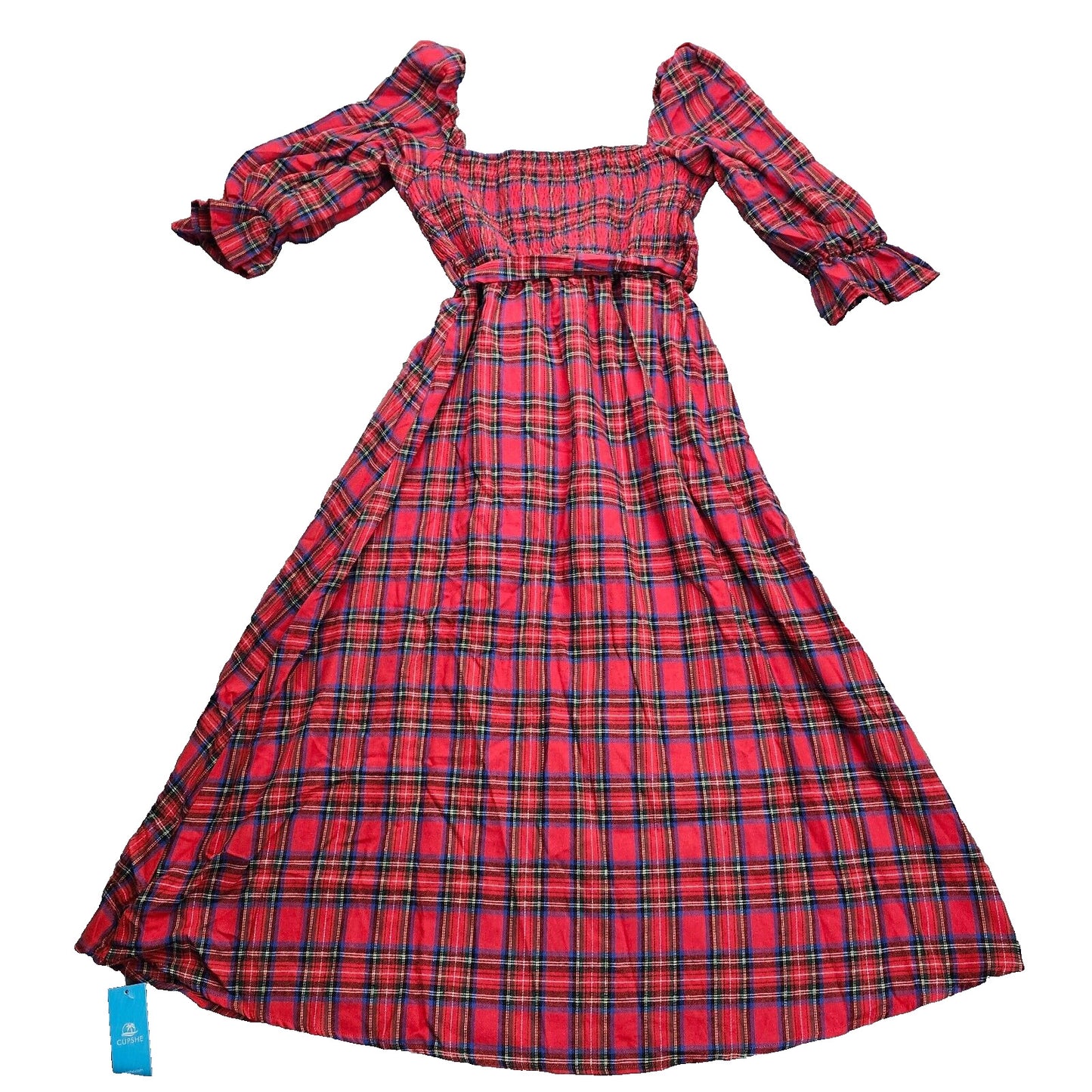 CUPSHE NWT Abigai Belted Tartan Plaid Maxi Christmas Dress Size M