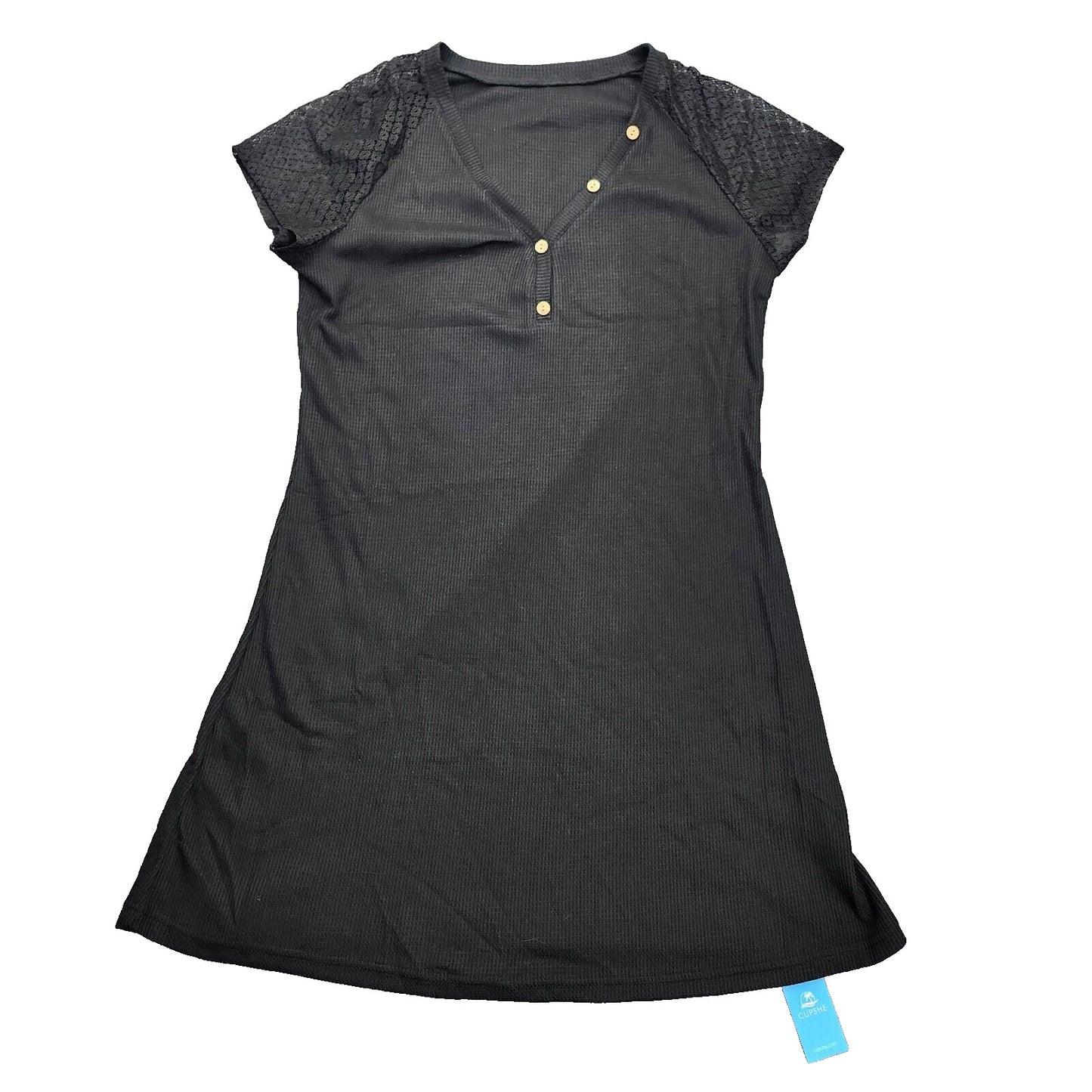 CUPSHE Women's Eyelet Sleeve Ribbed Cover Up Dress Black Size Large