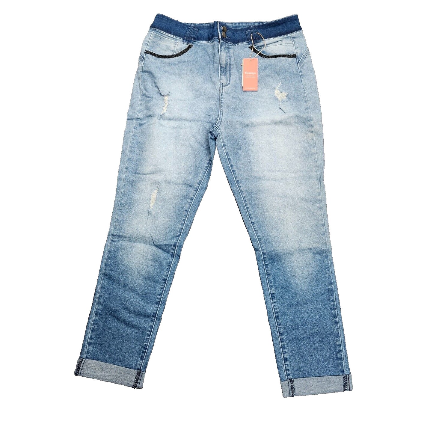Flamingals Women's High Waist Skinny Ripped Blue Jeans with rolled cuffs XXL