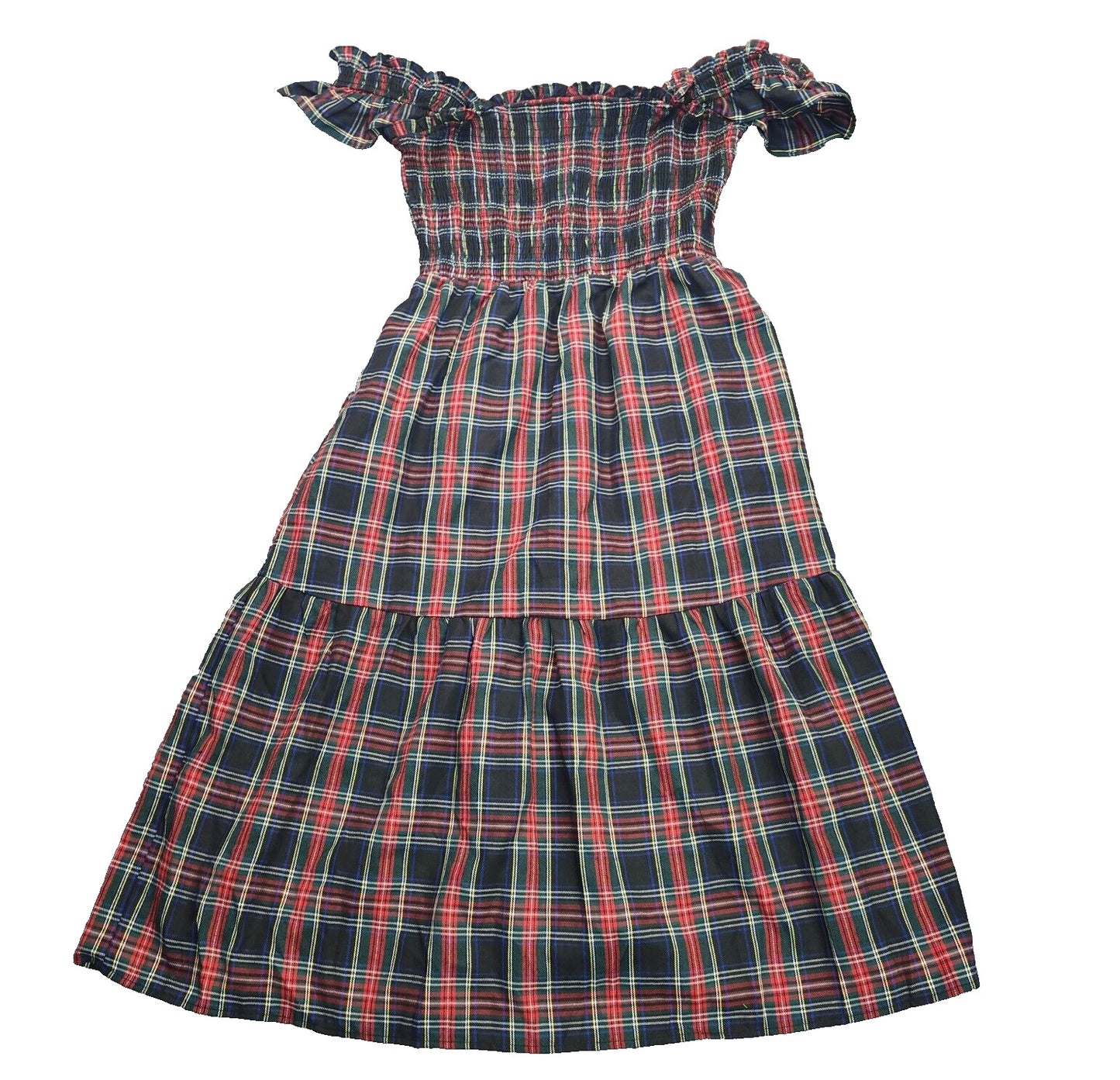 New York & Company Womens Ruffle Sleeve Tartan Smocked Dress sz Large