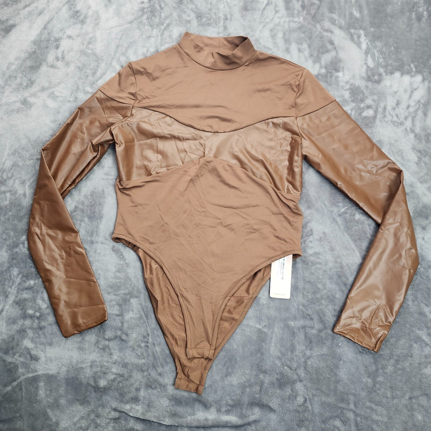 MICAS Mock Neck Faux Leather Paneled Long Sleeve Bodysuit Brown sz Large