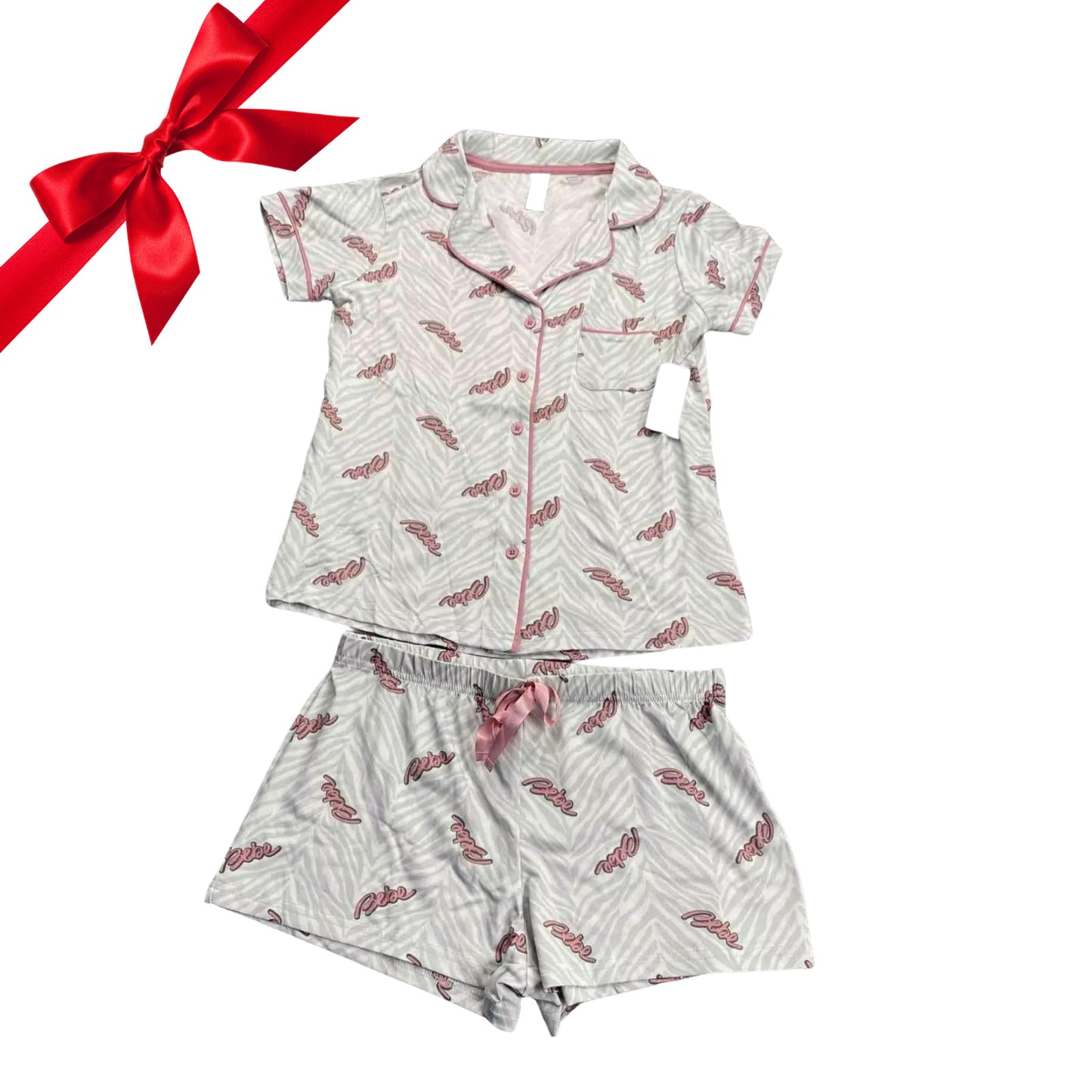 bebe Womens Pajama Sets Button Down Shirt and Shorts Sleepwear Blue pink Size XL