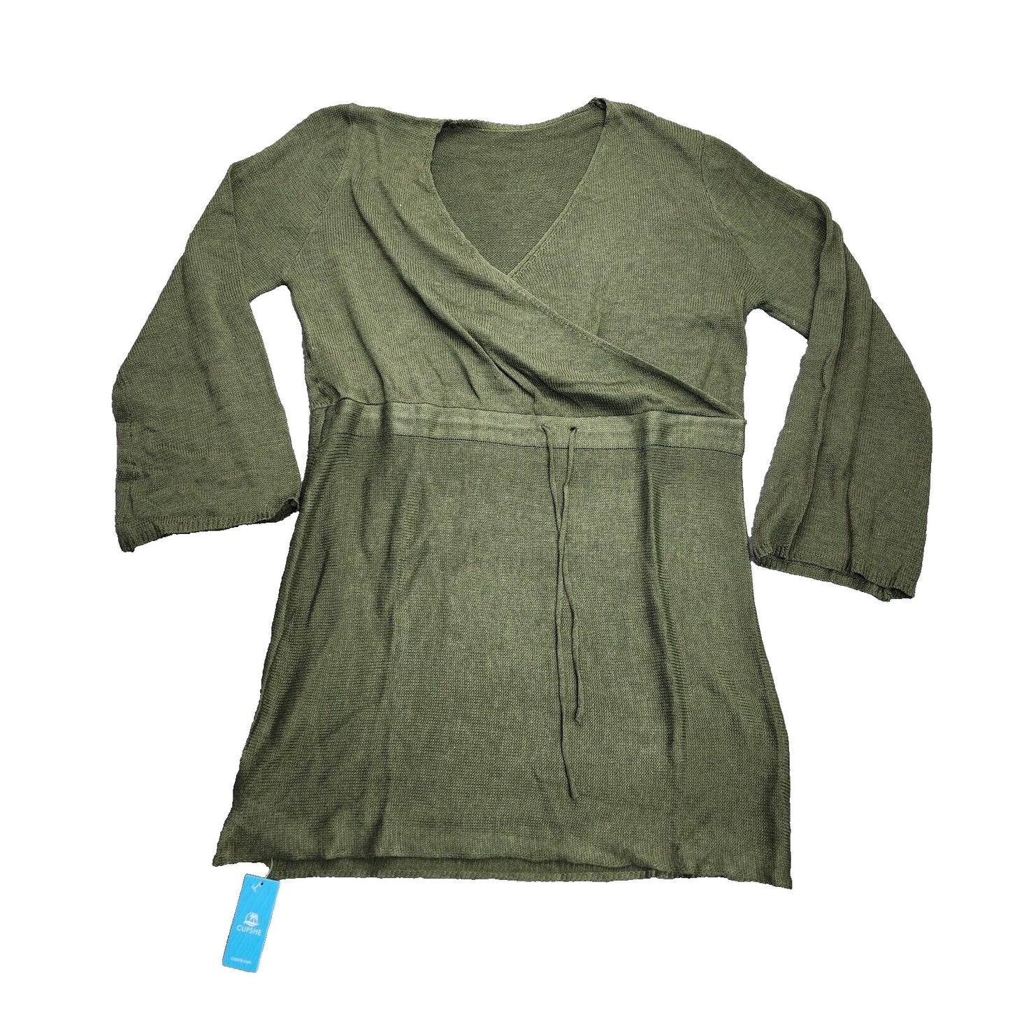 CUPSHE Women's Drawstring Knit Surplice Neck Mini Dress with Long Sleeves XL