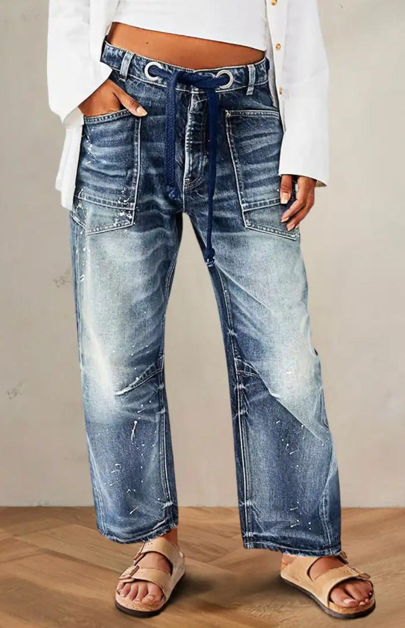 Flamingals Women's Drawstring Grommet Eyelet Mid Waist Wide Leg Barrel Jeans 4/6