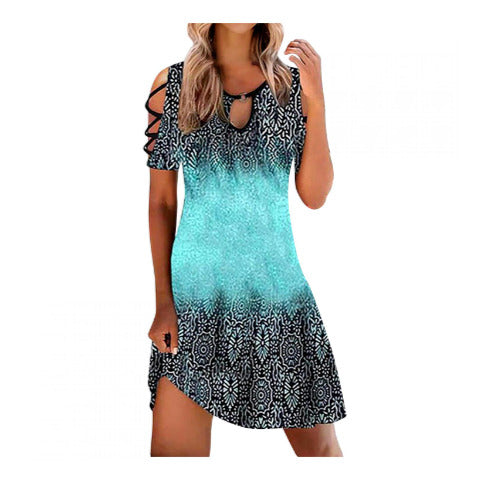 Ladies Cold Shoulder Boho Tshirt Dress Short Sleeve O-Neck Size Large