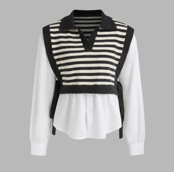 CIDER Knit Fabric Long Sleeve Blouse With Stripe Vest size Small