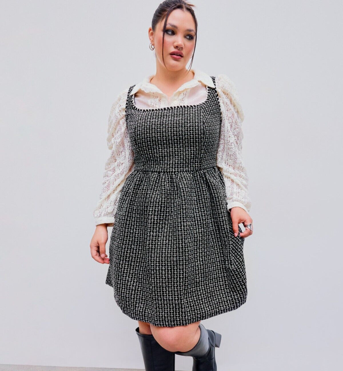 Cider Tweed Square Neckline Black & White Mini Dress Size 1XL NWT