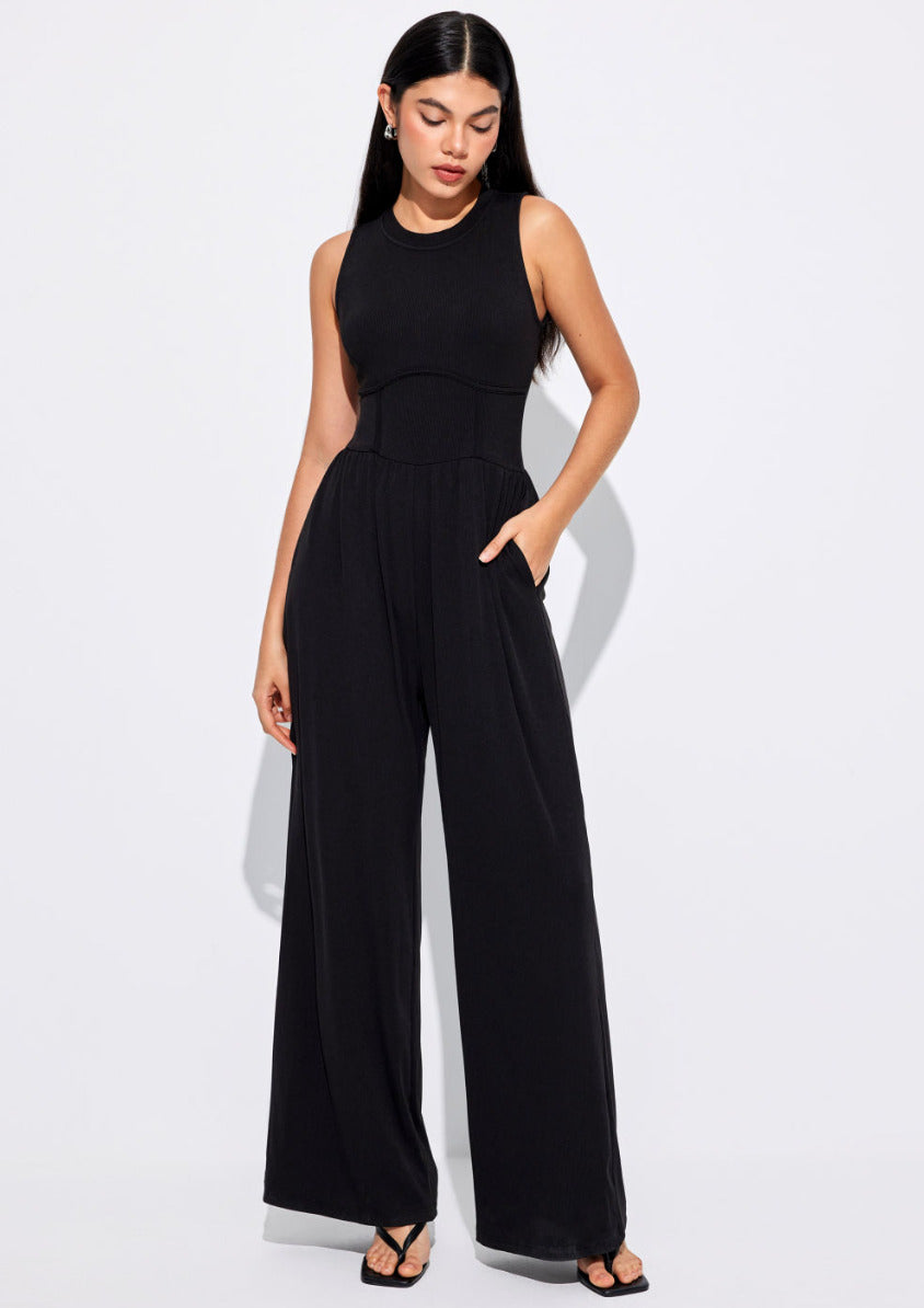 Cider Solid Sleeveless Wide Leg Jumpsuit Black - Size M - NEW