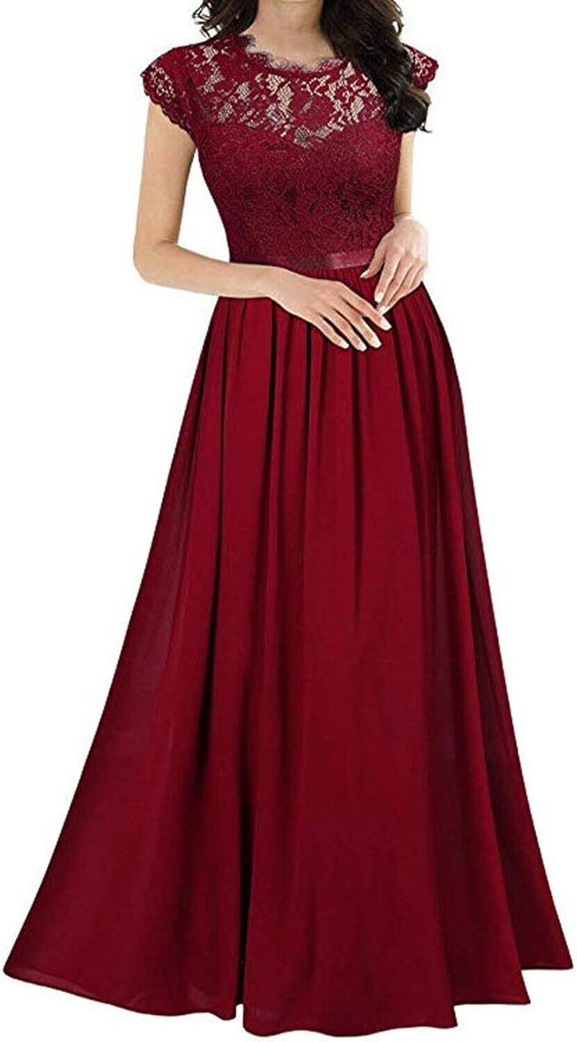 Lace Chiffon Dress Bridesmaid Evening Gown Crew Neck Long Maxi Dress (Red, XL)