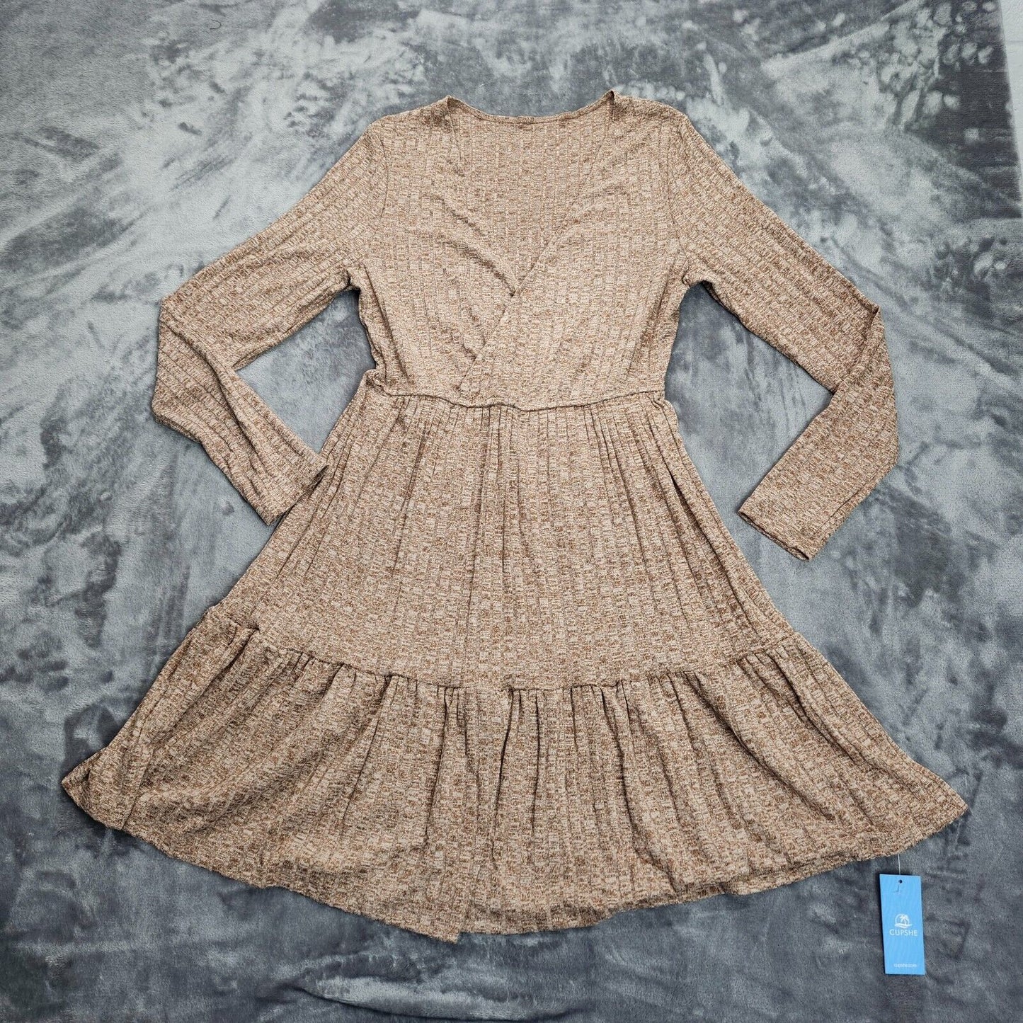 CUPSHE Women's V Neck Knit Ruffled Hem Sleeve A Line Dress Med