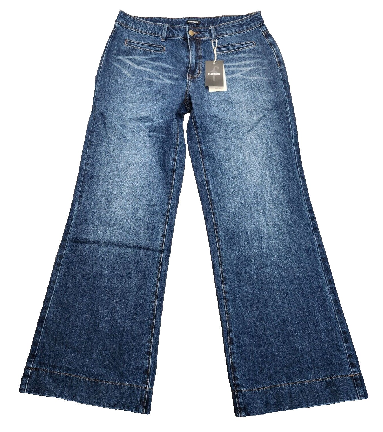 NWT Flamingals Women's Straight Wide Leg Faded Blue Jeans Size Large