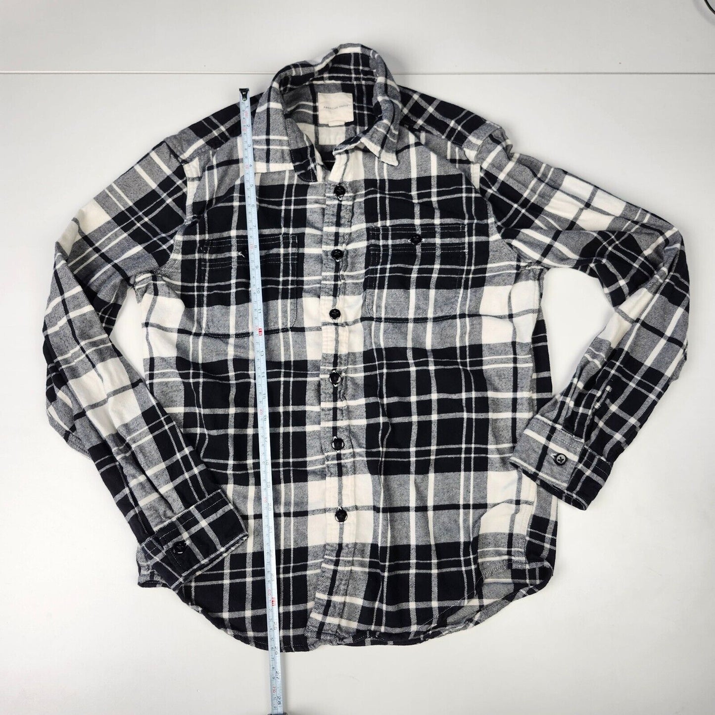 American Eagle Tartan Flannel Casual Button Shirt Mens Size Large L Black White