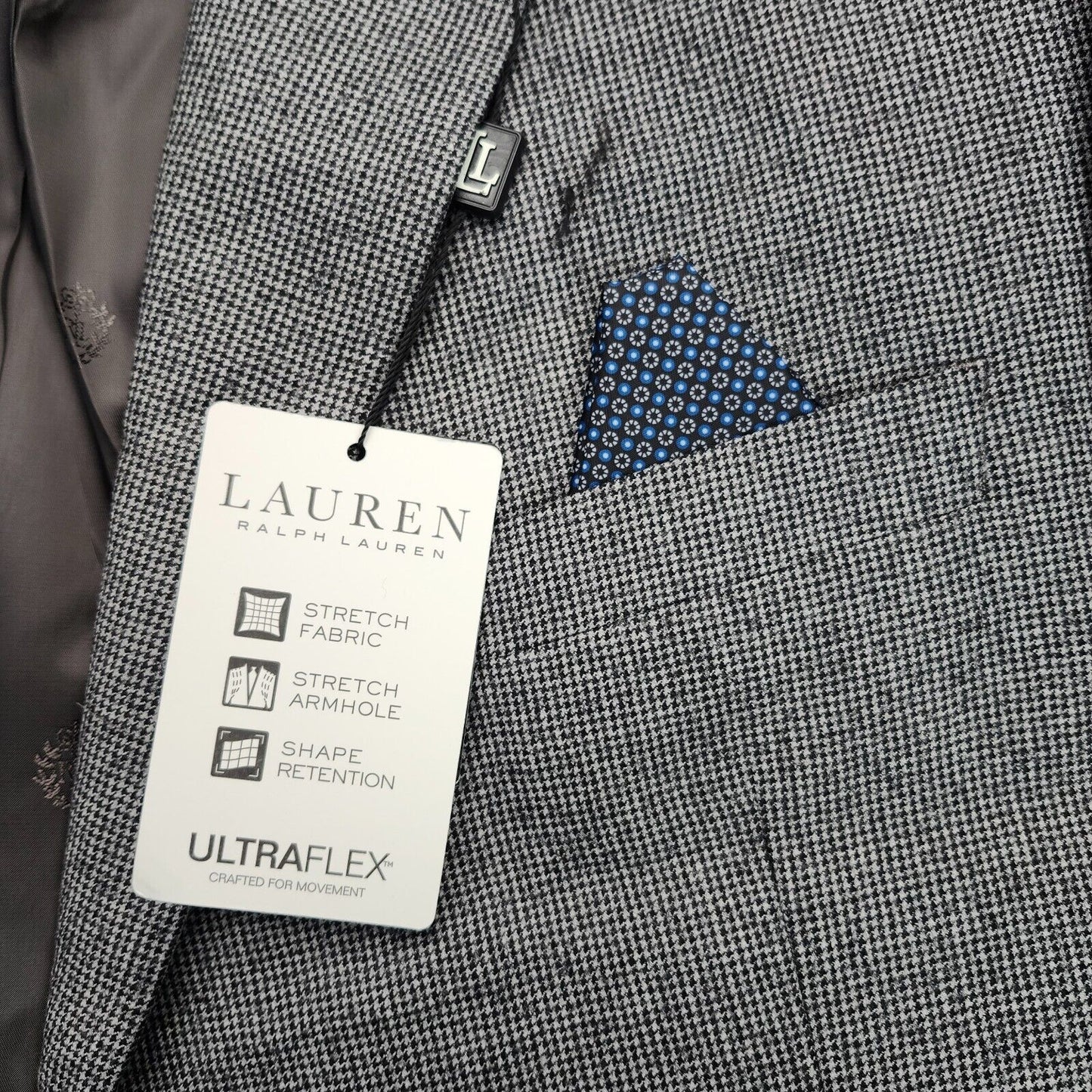 Lauren Ralph Lauren Classic-Fit Wool Suit Jacket Black/White Houndstooth 46L NWT