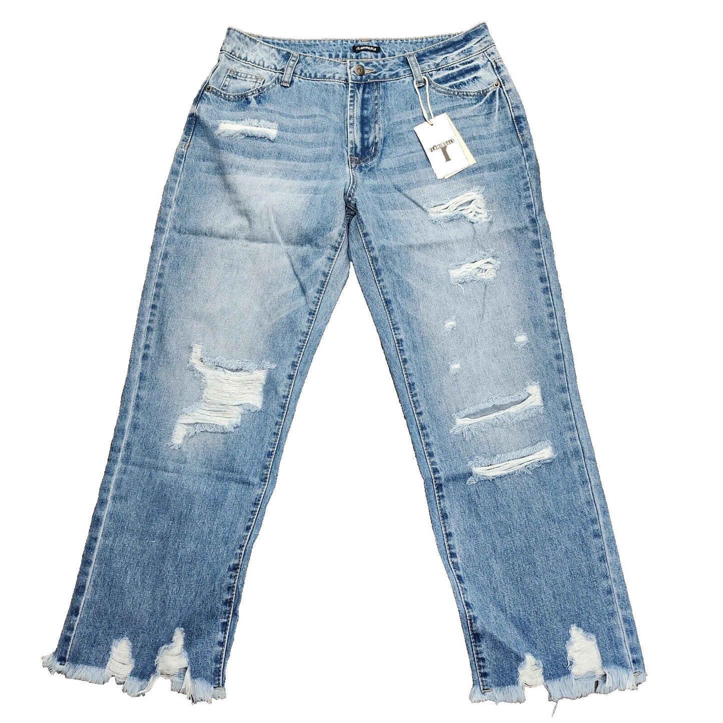Flamingals Women's Ripped Boyfriend High Waisted Cropped Straight Leg Jeans Med