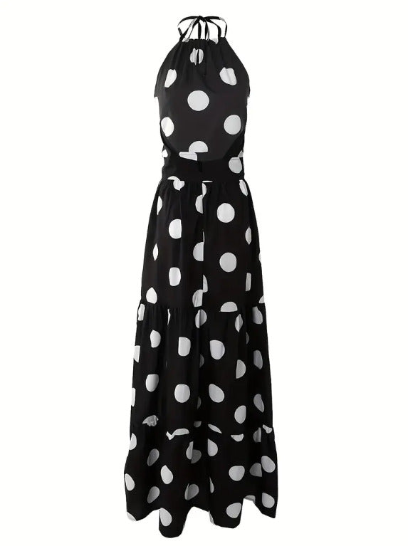 Polka Dot Halter Neck Maxi Dress -Sexy Backless Sleeveless Slim Fit Dress XL