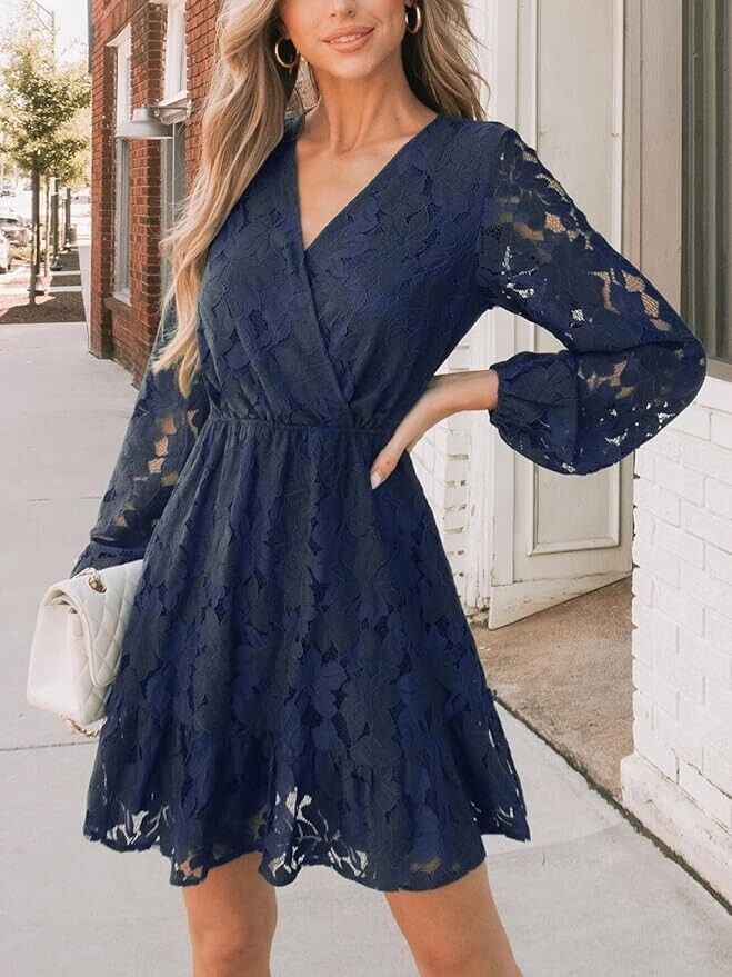 Elegant V Neck Lace Peasant Sleeves Summer Dress High Waist A Line XL