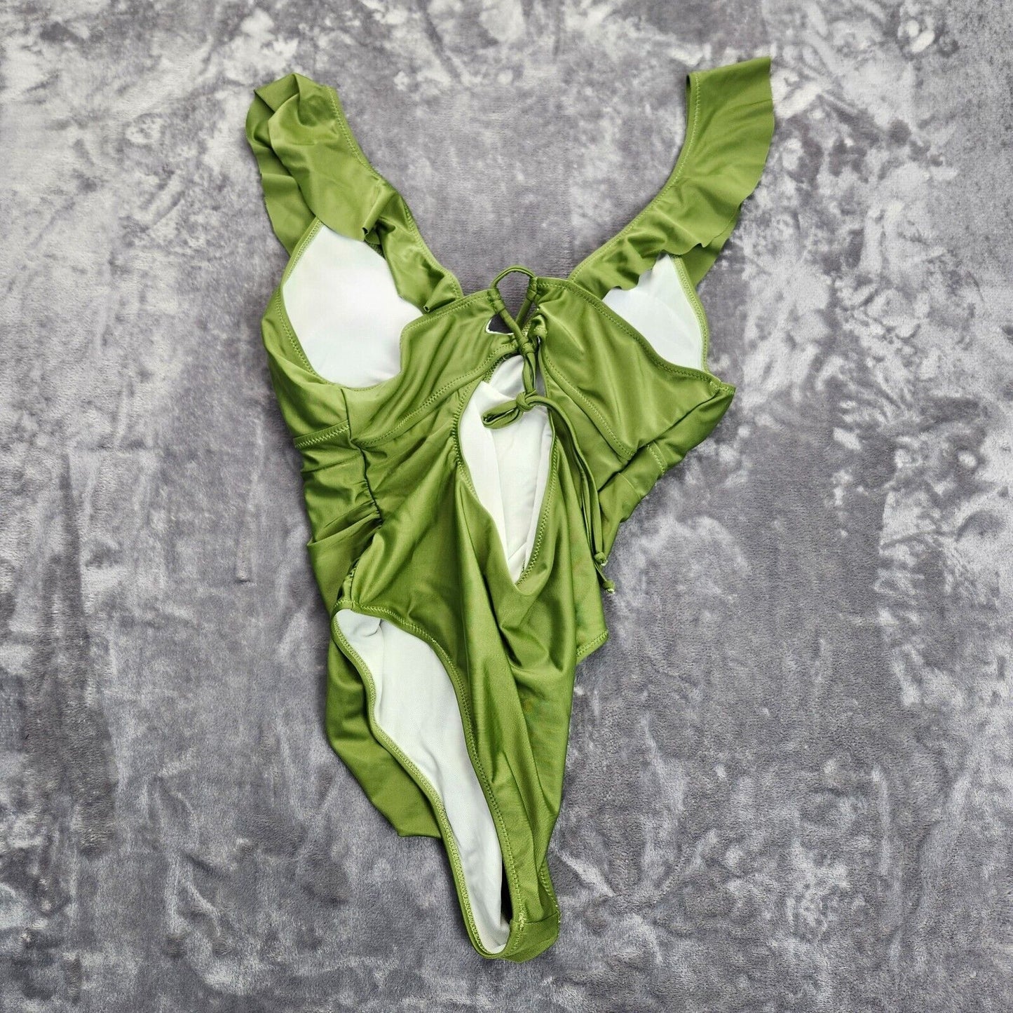 Women's Ruffle One Piece Swimsuit V Neck Olive Print Bathing Suit M