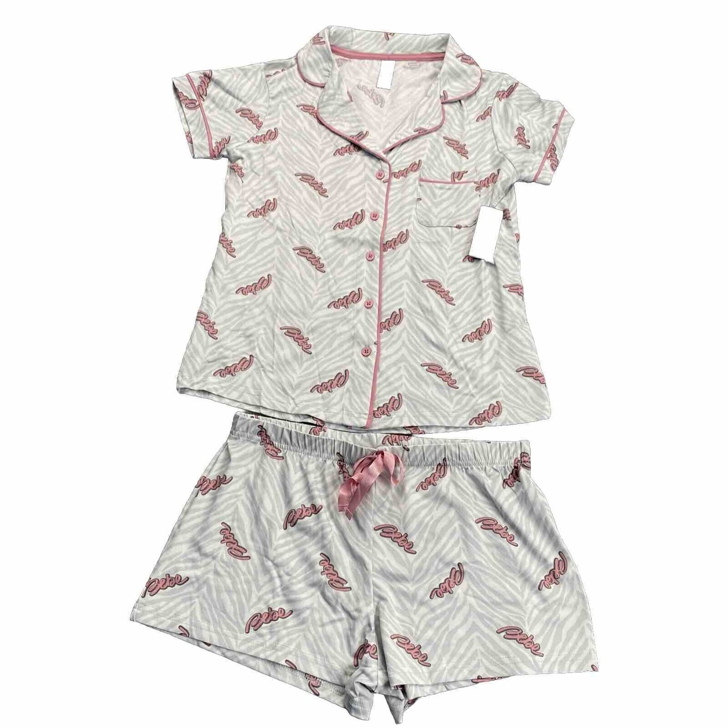 bebe Womens Pajama Sets Button Down Shirt and Shorts Sleepwear Blue pink Size S