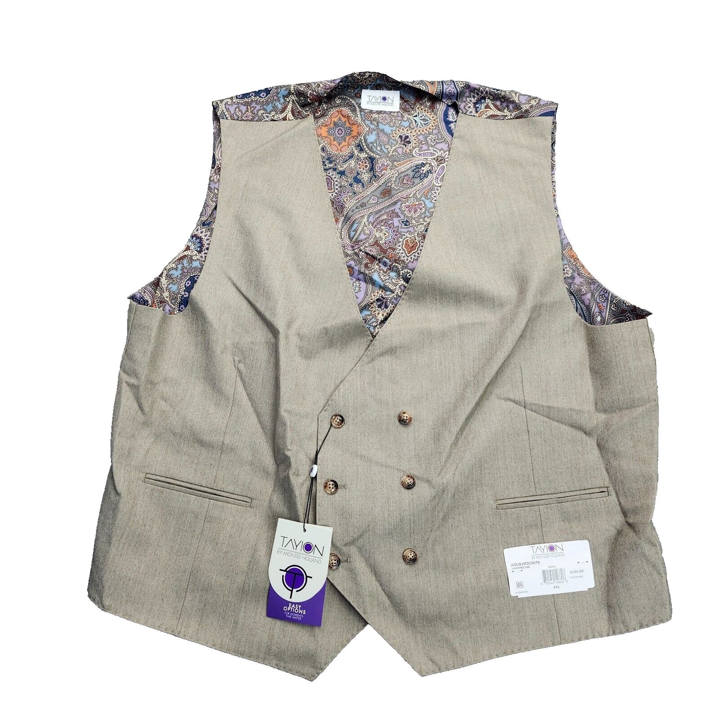 TAYION By Montee Holland Mens Tan Wool Blend Paisley Vest Pike Stitching 2XL