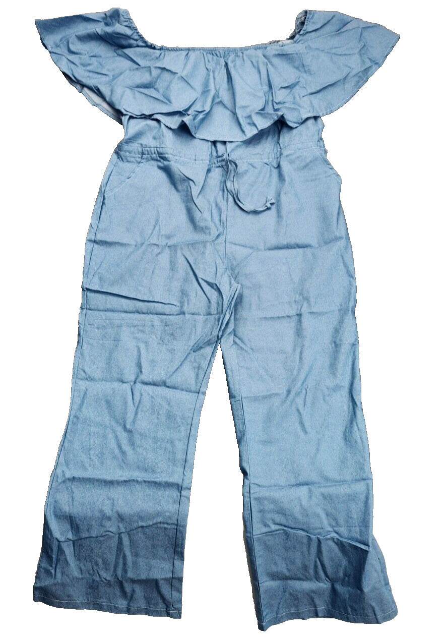 Womens Off the Shoulder Neck Loose Fitting Denim Jumpsuit 2XL