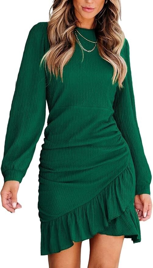NWOT Cupshe Women's Knit Ruched Mini Green Dress Ruffle Hem Long Sleeved Sz Med