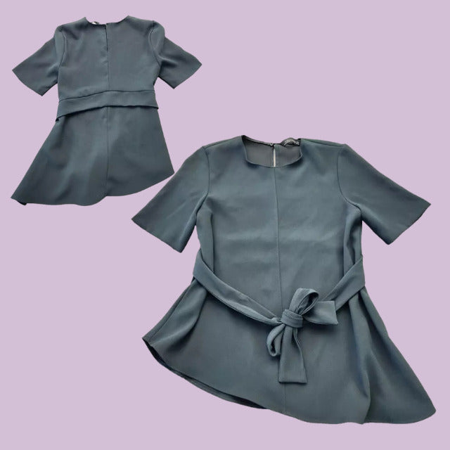 ZARA Dark Forest Green Crepe Asymmetrical Tie Waist Short Sleeve Top Size Small