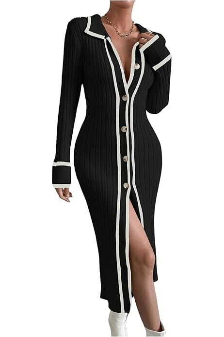 MICAS Women's Lapel Button Down Long Sleeve Knit Sweater Dress XS